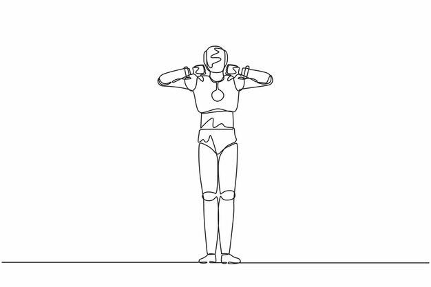 Continuous one line drawing robot showing thumbs down sign gesture Dislike disagree and disapprove