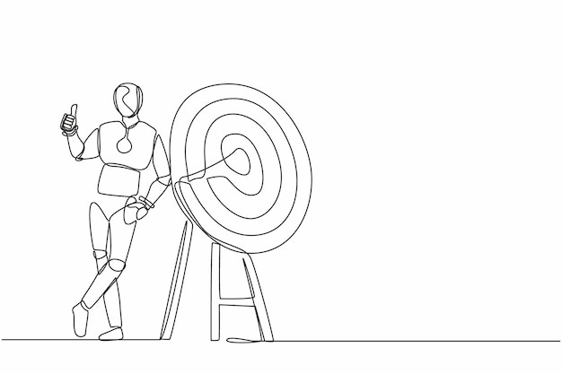 Continuous one line drawing robot standing and leaning at target with thumbs up gesture illustration