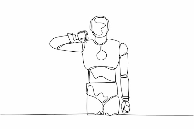 Continuous one line drawing robot standing with thumbs down sign gesture Humanoid robot vector