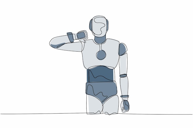 Continuous one line drawing robot standing with thumbs down sign gesture Humanoid robot vector