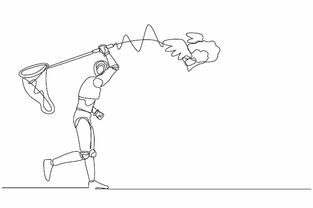 Continuous one line drawing robot try to catch flying brain with butterfly net Genius idea vector
