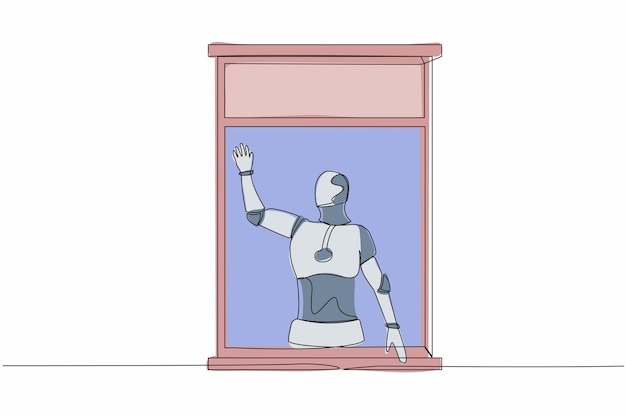 Continuous one line drawing robot waving at window as look like to greet or invite friends to come