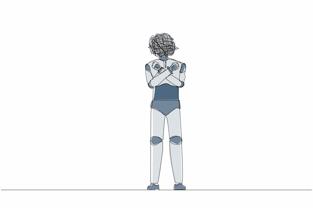 Continuous one line drawing robot with round scribbles instead of head Fist clenched arms crossed
