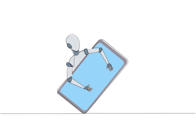 Continuous one line drawing robotic hugging handphone Added a robotic system vector illustration