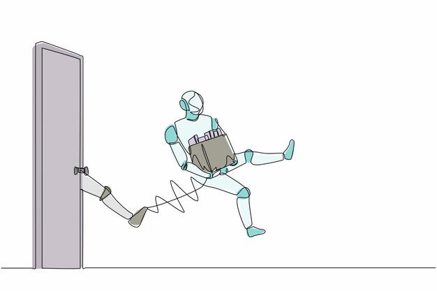 Continuous one line drawing robots kicked out of door Dismissed from job design vector illustration