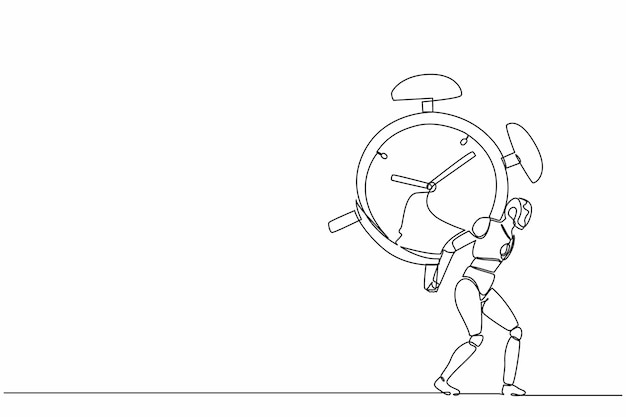 Continuous one line drawing robots standing and carry heavy huge alarm clock design vector graphic
