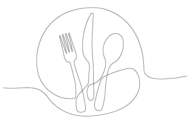 Continuous One Line Drawing Spoons Forks Knife Eating Cooking Utensils Line Art Style for Logos