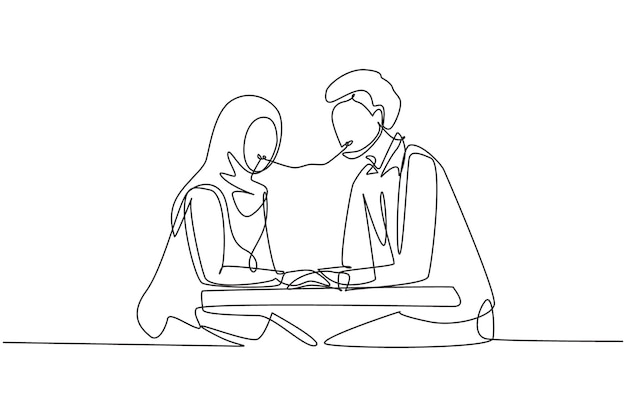 Continuous one line drawing young Arabian couple eating spaghetti design vector graphic illustration