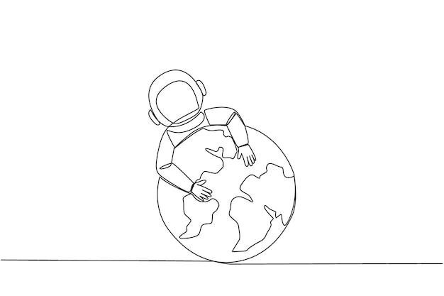 continuous one line drawing young energetic astronaut hugging globe homesick metaphor illustration