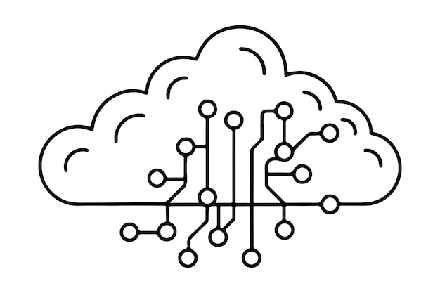 continuous one single black line art doodle drawing of AI driven data processing in cloud environment information illustration