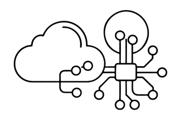 continuous one single black line art doodle drawing of AI driven data processing in cloud environment information illustration