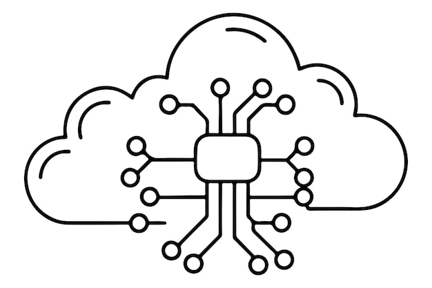 continuous one single black line art doodle drawing of AI driven data processing in cloud environment information illustration