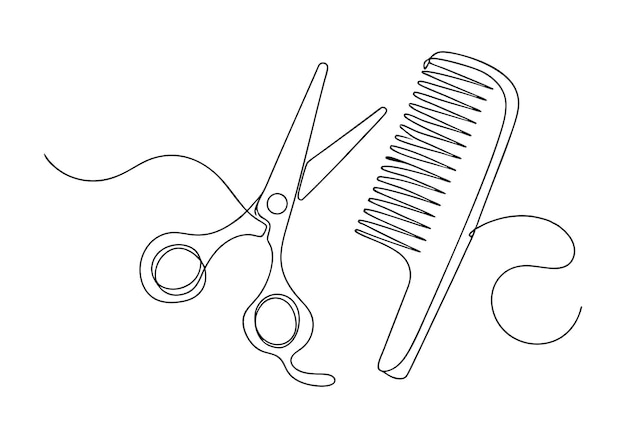 Continuous OneLine Drawing of Scissor and Comb Minimalist Hairstyling Tools Art