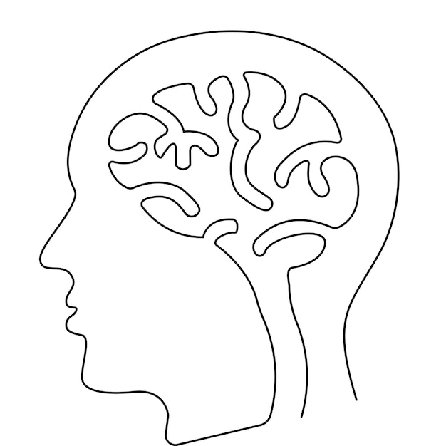 Continuous single line drawing Human head with brain Vector illustration on a white background