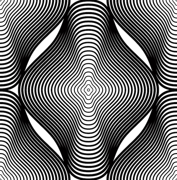 Continuous vector pattern with black graphic lines, decorative abstract background with geometric figures. Monochrome ornamental seamless backdrop, can be used for design and textile.