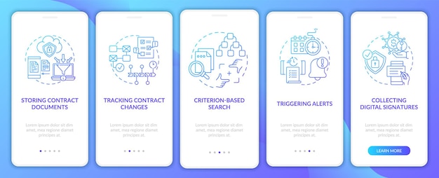 contract management software functions onboarding mobile app page screens set