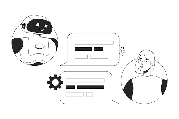 Conversational AI chatbot black and white concept vector spot illustration