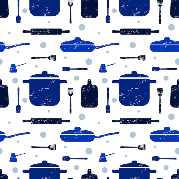 Cooking seamless pattern Kitchen utensils in blue color For packaging design paper background