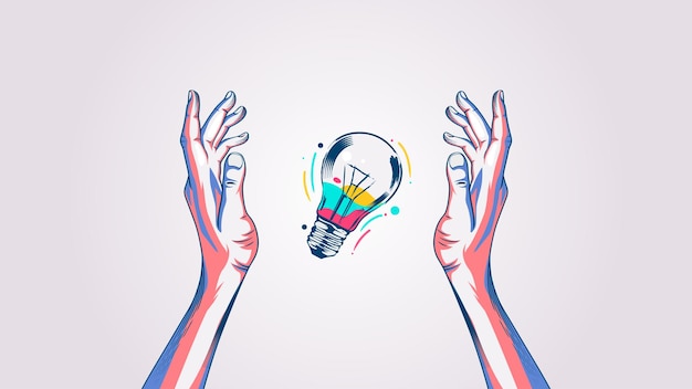 cool vector illustration hand holding a bulb filled with colored liquid and rotating planetary ring