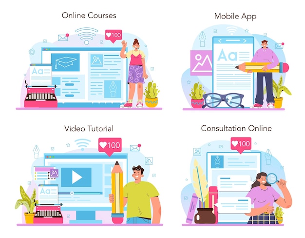 Copywriter online service or platform set. Writing texts and layout designing
