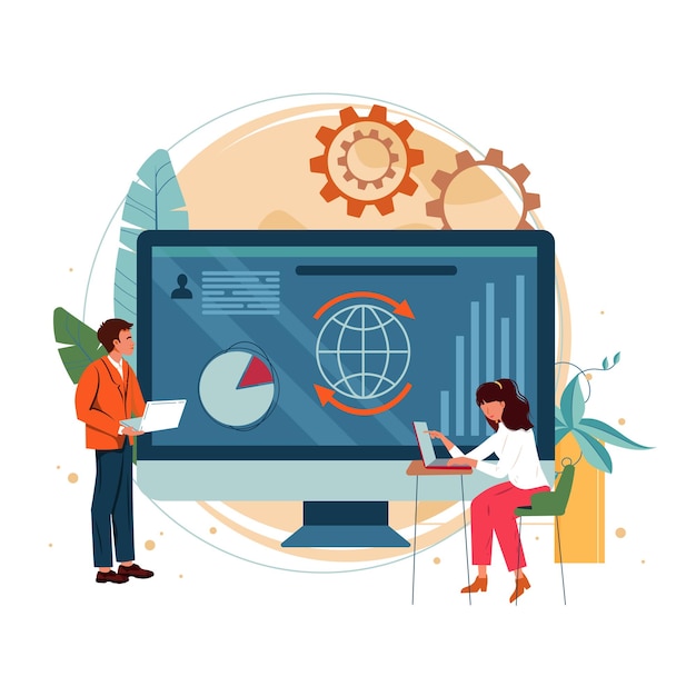 Corporate software man and woman with computers business process IT system