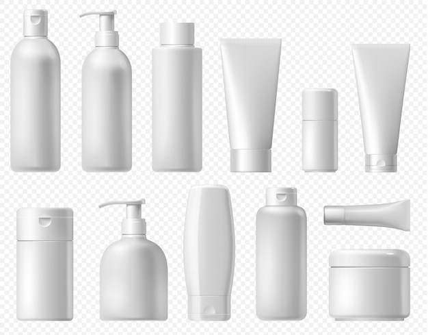 Cosmetic package. White shampoo bottle, cream tube and body lotion packaging template. Bathroom cosmetic platic pack mock up isolated on transparent background.