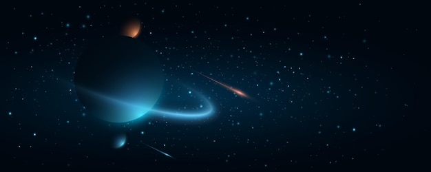 Cosmic background with colorful planets against the glowing stars Abstract universe cover design Starry night sky with fallen star Deep cosmos Black outer space Vector illustration