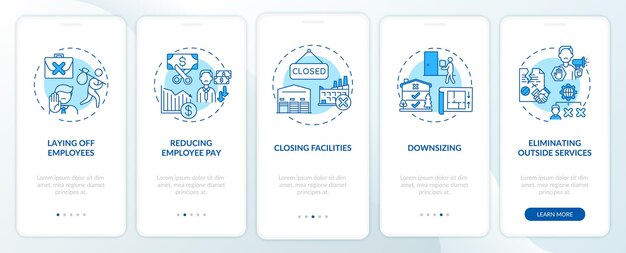 Cost cutting measures onboarding mobile app page screen with concepts