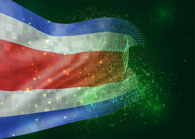 Costa Rica, on vector 3d flag on green background with polygons and data numbers