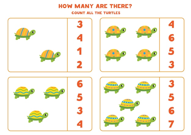 Count all colorful turtles and circle the correct answers. Math game for kids.
