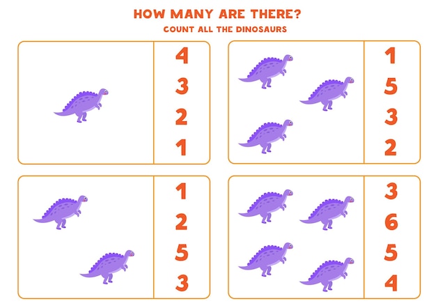 Count all dinosaurs and circle the correct answer. Math game for kids.