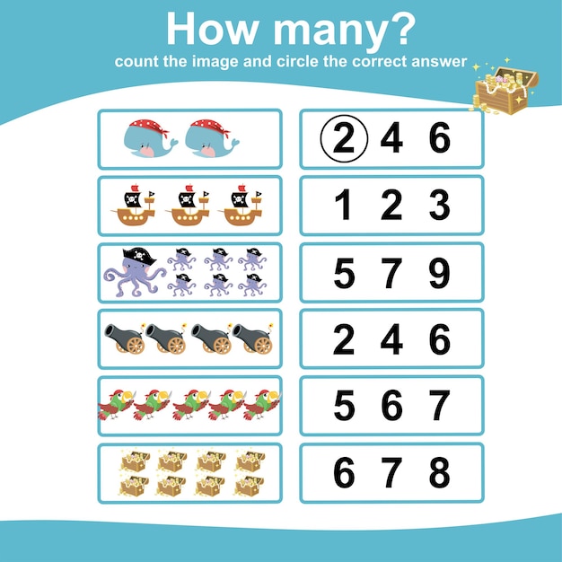 Count and circle answer for children. Educational printable math worksheet for children. Vector File