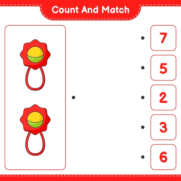 Count and match, count the number of Baby Rattle and match with the right numbers. Educational children game, printable worksheet, vector illustration