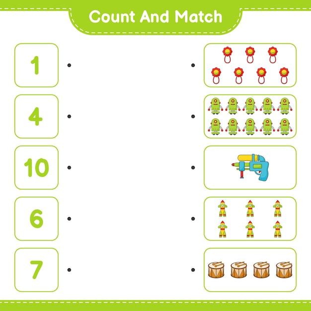 Count and match count the number of Baby Rattle Robot Character Water Gun Rocket Drum