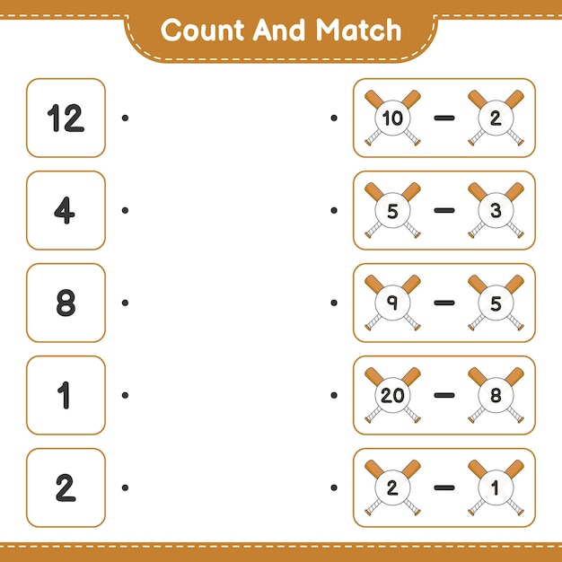 Count and match count the number of Baseball Bat and match with the right numbers Educational children game printable worksheet vector illustration