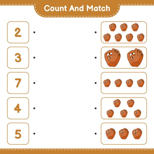 Count and match count the number of Baseball Glove and match with the right numbers Educational children game printable worksheet vector illustration