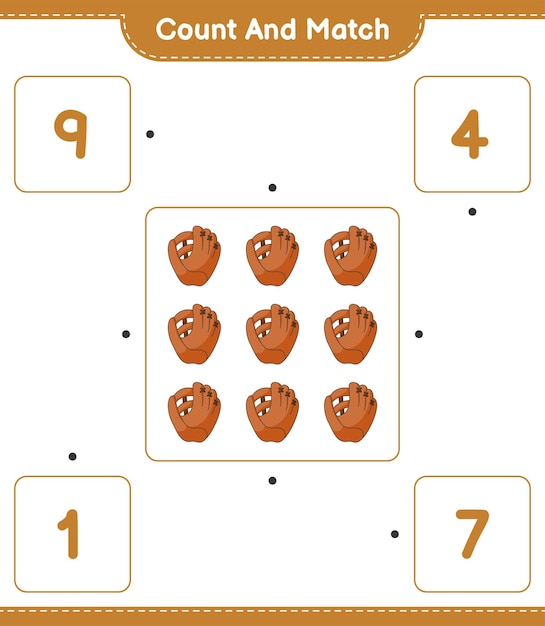 Count and match count the number of Baseball Glove and match with the right numbers Educational children game printable worksheet vector illustration