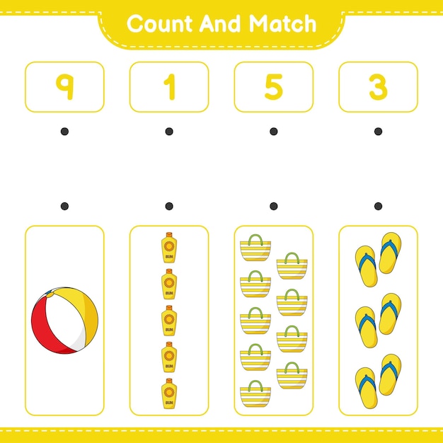 Count and match count the number of Beach Ball Sunscreen Beach Bag Flip Flop