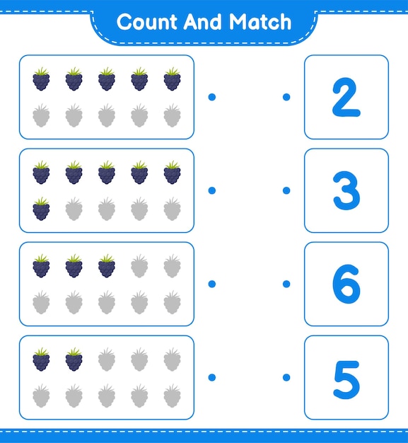 Count and match, count the number of Blackberries and match with right numbers. Educational children game, printable worksheet.