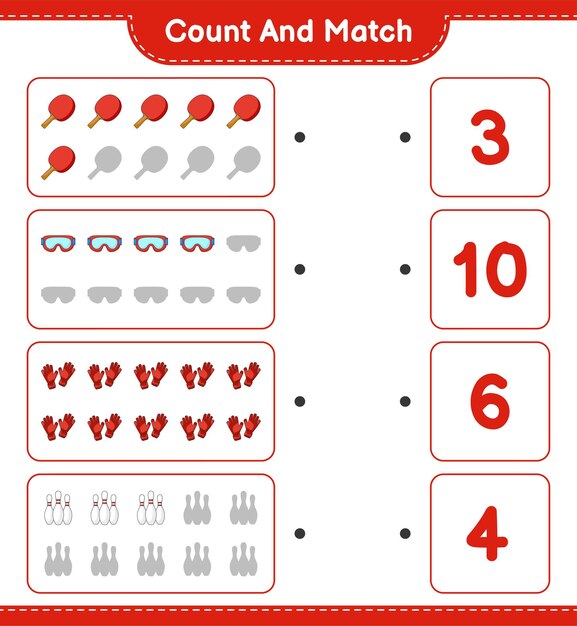 count and match count the number of bowling pin goggle ping pong racket goalkeeper gloves and match with the right numbers educational children game printable worksheet vector illustration