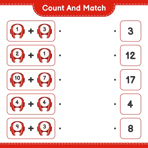 count and match count the number of boxing helmet and match with the right numbers educational children game printable worksheet vector illustration