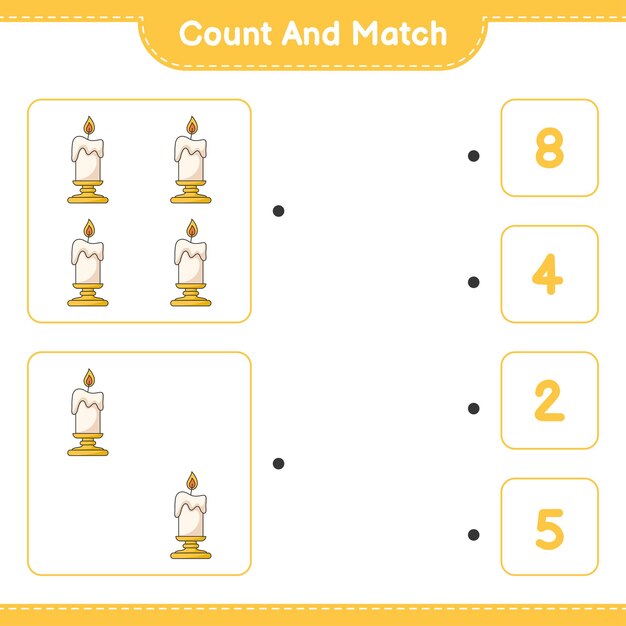 Count and match, count the number of Candle and match with the right numbers. Educational children game, printable worksheet, vector illustration