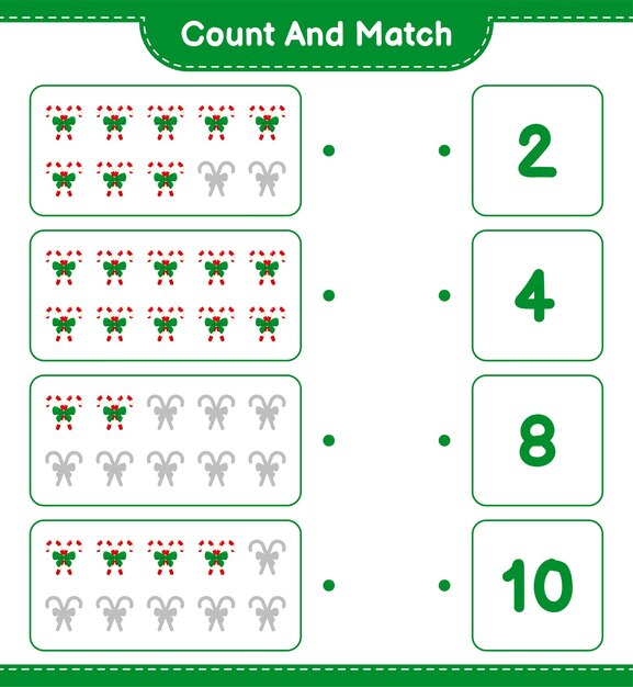 count and match, count the number of candy canes with ribbon and match with right numbers. educational children game