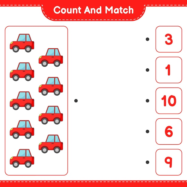 Count and match, count the number of Car and match with the right numbers. Educational children game, printable worksheet, vector illustration