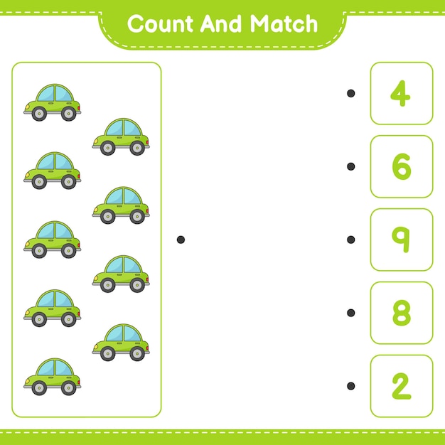 count and match, count the number of car and match with the right numbers. educational children game, printable worksheet, vector illustration