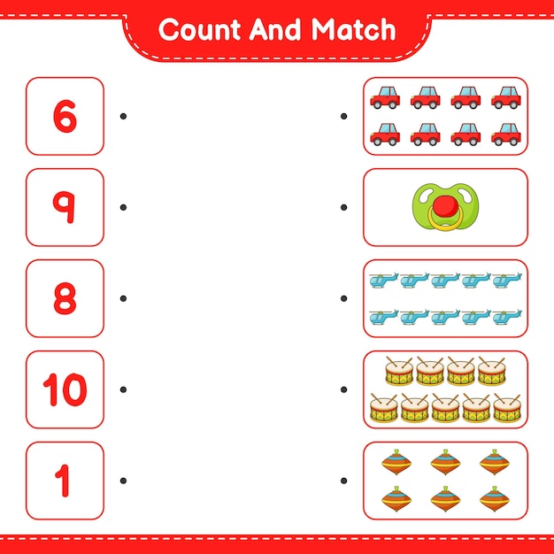 Count and match count the number of Car Pacifier Helicopter Drum Whirligig Toy