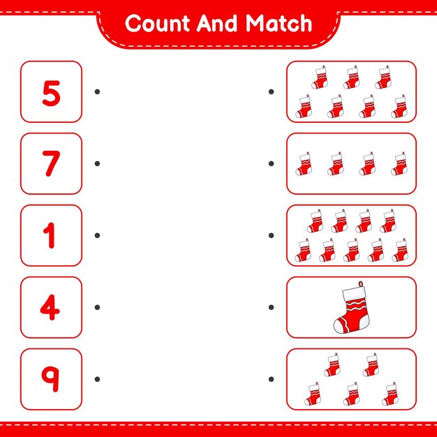 Count and match count the number of Christmas Sock and match with the right numbers Educational children game printable worksheet vector illustration