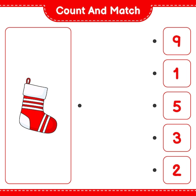 count and match count the number of christmas sock and match with the right numbers educational children game printable worksheet vector illustration
