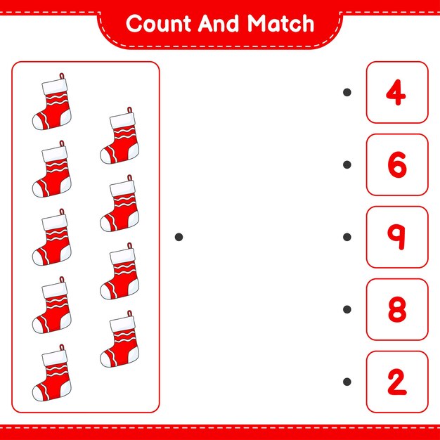 count and match count the number of christmas sock and match with the right numbers educational children game printable worksheet vector illustration