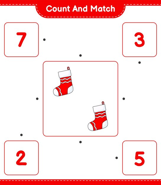 count and match count the number of christmas sock and match with the right numbers educational children game printable worksheet vector illustration